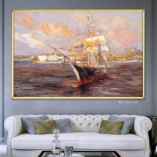 New Style Gold Boat Canvas Poster Natural Landscape Abstract Painting Handmade Wall Art Pictures For Living Room Home Decor