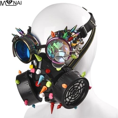 Punk Multi-color Rivets Goggles Face Dust Gas Mask Steampunk Costumes Colorful Spikes Glasses with Mask Set Party Halloween