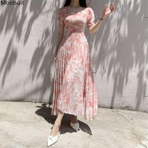 Summer Elegant Women Long Chiffon Dresses Water-color Floral Printed Square Collar Lace Up Pleated Dress Korean 2021