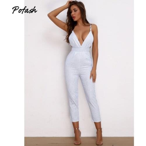 Pofash White Striped Spaghetti Strap Jumpsuits Women Clothing V Neck Backless Sexy Club Party Rompers Slim Summer Overalls 2021