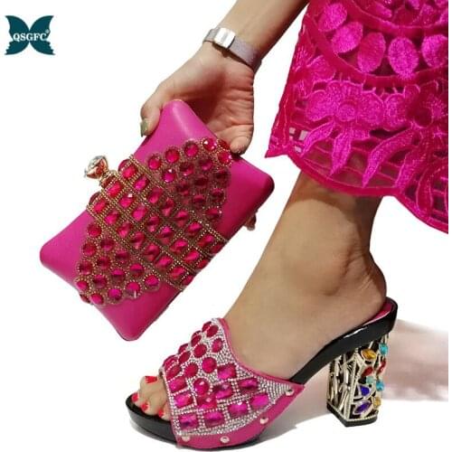 Lastest Fashion Italian design Fuchsia Color Hot African Big Wedding With High Heel Ladies shoes and Bag Set for Party