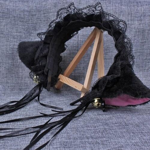 Japanese Girl Lolita Maid Headband Lace Bell Cat Ear Hoop Cute Headdress Bandana Anime Cosplay Hair Accessories