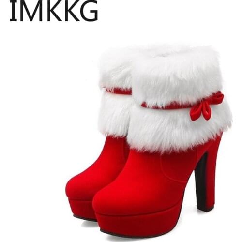 Size 43 lolita Women Ankle Boots Christmas High Heels Platform Shoes Femme Winter Warm Fur Short Boots Red Black Party Shoes