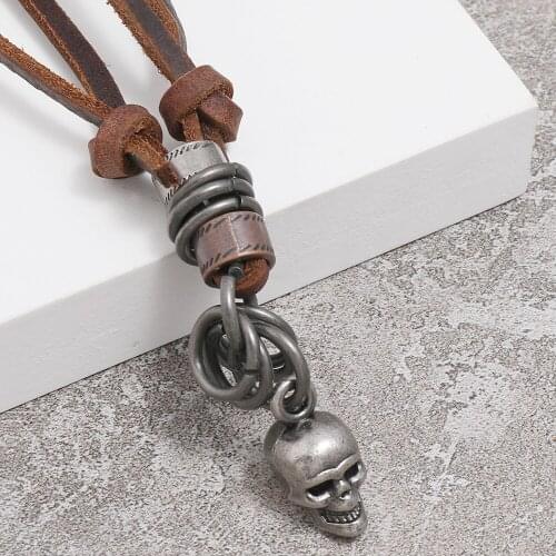 Retro Skull Pendant Necklace for Men Vintage Handmade Braided Metal Choker Leather Necklace Adjustable Jewelry