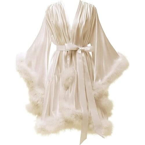 Sexy Short Glossy Satin Feather Evening Robe V Neck Bridal Robe Wedding Scarf Party Robe Nightgown Bathrobe Sleepwear with Belt