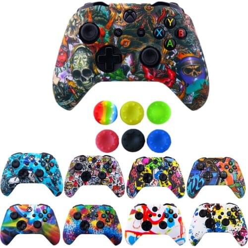 Silicone Protective Skin Case for XBox One X S Controller Protector Water Transfer Printing Camouflage Cover 6 Thumb Grips Caps