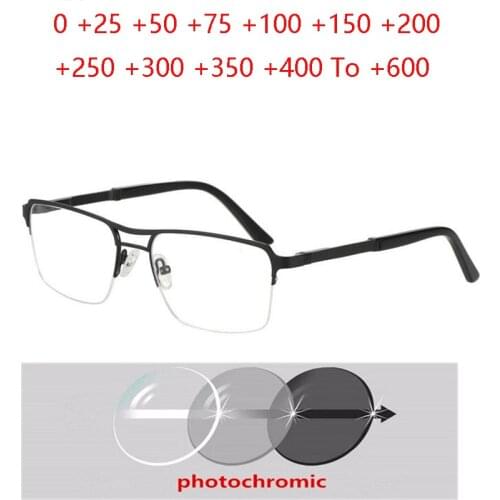 Women Men Sun Photochromic Gray Semi-Rimless Hyperopia Eyeglasses Square Farsighted Glasses Power 0 +25 +50 +75 +100 To +400