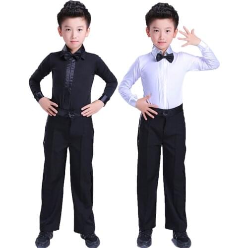 Comfort Latin Dance Shirts For Children Black White Fitness Fabric Fringe Pants Male ChaCha Tops Boy Show Indian Trousers Y10490