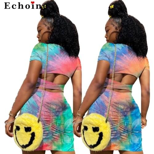 Fashion Casual Tie-Dye Printed Short Sleeve Shirt Dress Women Hollow Out Back Colorful Criss-Cross Stripes Mini Charm Streetwear