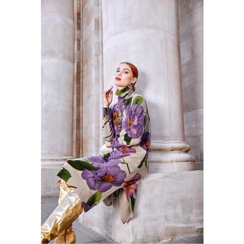 2020 Winter Casual Floral Knited Turtleneck Sweater Dress Autumn Vintage Chic Plus Size Women Elegant Bodycon Long Wool Sweaters