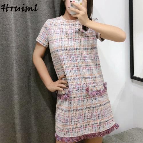 Vintage Dress Women Short Sleeve Round Neck Chic Mini Dress Autumn Fashion Color Plaid Tassels Pocket Dresses Vestido De Mujer