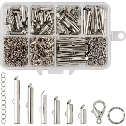 1Box DIY Making Ribbon Ends/Slide On End Clasp with Twist Extender Chains Stainless Steel Jump Rings Alloy Lobster Claw Clasps