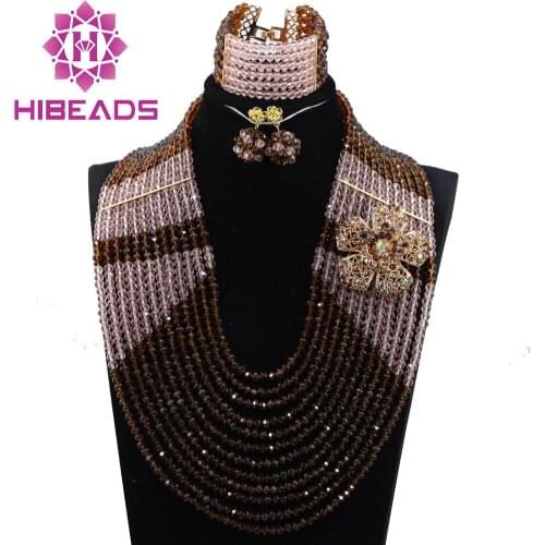12 Strands Gorgeous Brown Peach Full Beads Crystal African Jewelry Sets Popular Wedding Necklaces for Brides Free shippingABH380