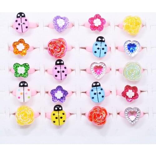 20pcs MIixed Kids Cartoon Ladybug Butterfly Imitation Crystal Rings Shiny Heart Flower Fashion Jewelry Girl Child Finger Rings