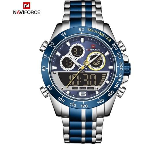 2021NAVIFORCE Fashion Men New Sliver Blue Dual Display Watch Mens Luxury Business Wristwatch Stainless Steel Waterproof Watches