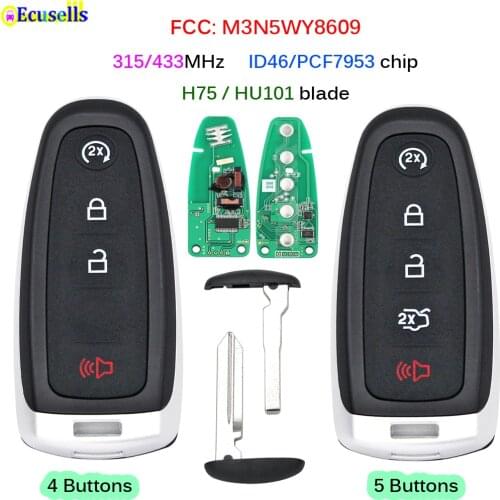 4/5 Button Smart Remote Key 315MHZ 433MHZ ID46 Chip for Ford Explorer Edge Focus Flex C-MAX Expedition FCC: M3N5WY8609 H75/HU101