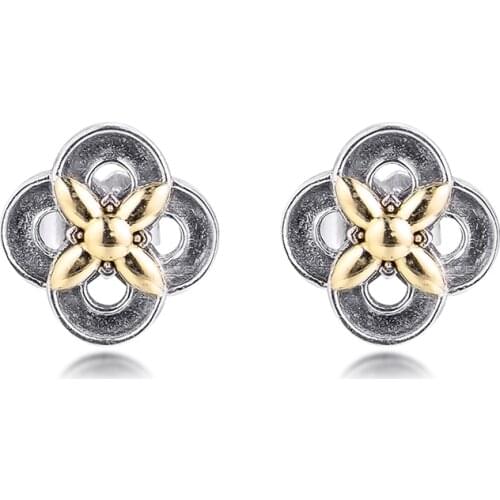 Two-tone Flower Stud Earrings for Women 925 Sterling Silver 14K Gold Earring Fashion Jewelry Girls Gift Brincos 2021 Spring New