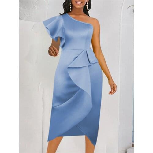Elegant Women Party Dress Bodycon Plus Size Classy One Shoulder Ruffle Slim Fit Midi Dress Birthday Celebrity Clothing Gowns