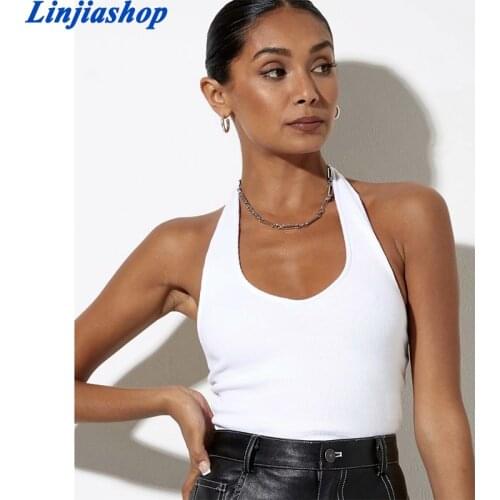 White Black Halter Sexy Backless Tank Tops for Women Streetwear 2021 Sleeveless Ribbed Knit Vest Top Cropped Feminino