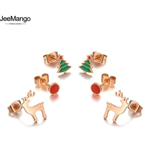 JeeMango Fashion Stainless Steel Christmas Tree Reindeer Earrings 3Pair/Set CZ Crystal Earrings For Christmas Gifts JE20163