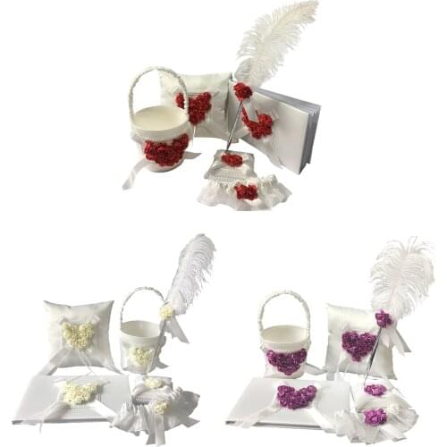 5pcs Wedding Flower Guest Book & Pen Set + Flower Basket + Ring Pillow + Garter