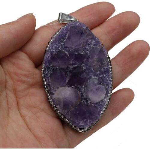 Natural Amethysts Druzy Diamon-Studded Pendants Horse Eye Shape Charms Pendants for Jewelry Making DIY Necklace Size 40x70mm