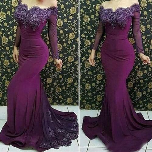 Vestido De Festa Off The Shouler Vintage Lace Appliques Beaded Purple Bridesmaid Dresses Women Formal Long Sleeves Party Gowns