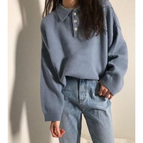 Preppy Lapel Knitted Solid Pullovers Women Buttons Retro Casual Korean Simple Loose Lazy Warm Single Breasted Long Sleeve W204