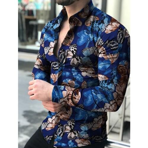 Butterfly print Shirt Men Slim Fit Shirt Long Sleeve Shirt Male Top 2020 Europe Size Cotton Mens Shirt streetwear Male Shirt