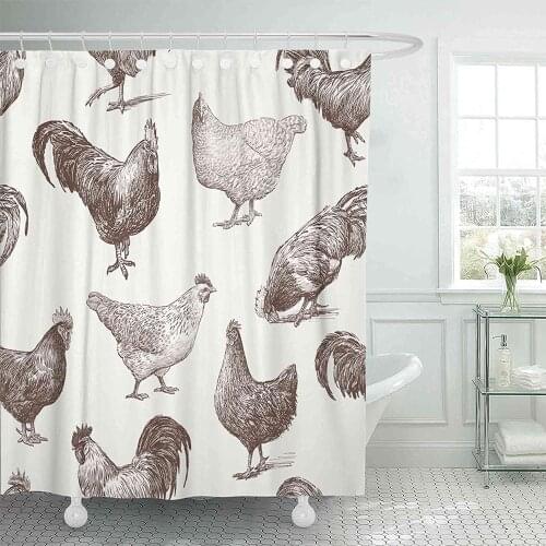 Chicken Cocks and Hens Sketch Rooster Shower Curtain Waterproof Decorative Farm Hand Animal Drawn Cock Bathroom Curtains