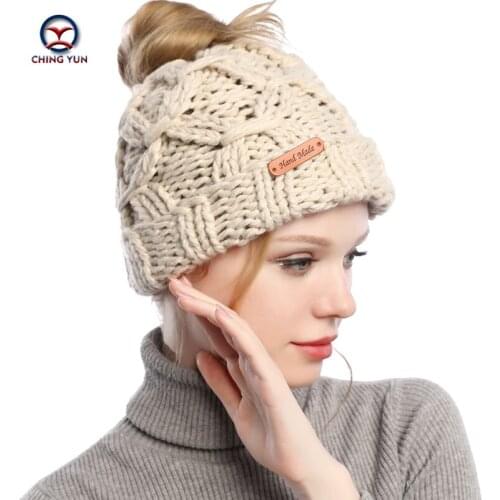 Chingyun Ladies Knitted Hat New Cotton Ponytail Beanie Soft Winter Warm High Quality Solid Color Women Hairband Empty Top Hat