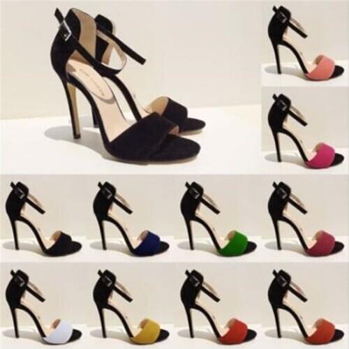2020 European Summer Women Sandals party Candy Color Round Toe Flock 11CM Thin High heels Buckle Strap women shoes size 35-42