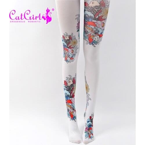 RUIN Womens Tights Womens Pantyhose Chinese Style Squid Jumping Dragon Gate Printed Tights Girls Tights