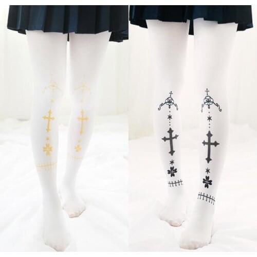 Cross Print Womens Lolita White Tights Summer Velvet Pantyhose Kawaii Golden Print & Black Print