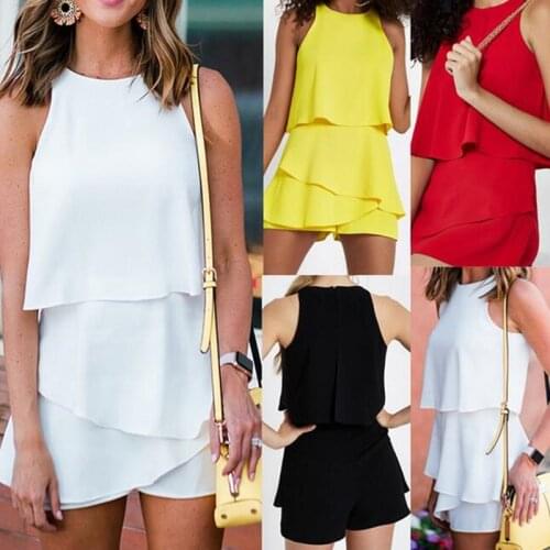 Women OL Solid Loose Palysuits Summer Chiffon Falbala Sleeveless Ladies High Street Overalls Jumpsuits