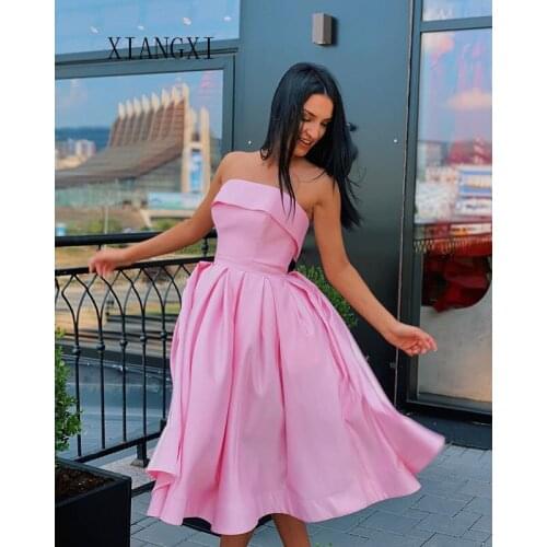 Sky Pink Homecoming Dress 2020 Satin A-Line Off The Shoulder Knee Length Graduation Dresses Short Party Gowns Homecoming Dress