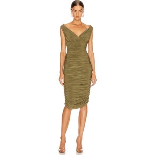 2020 New Summer WomenS Dress Sleeveless Deep V-Neck Green Pleated Sexy Bodycon Celebrity Club Party Casual Knee Dress Vestido
