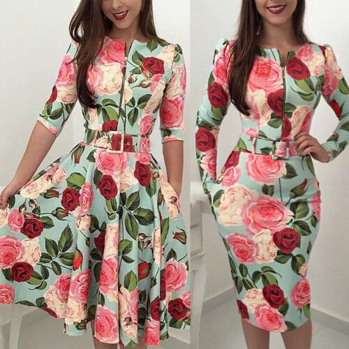 New Women Ladies Long Sleeve Crew Neck Vintage Casual Party Floral Print Slim Fit High Waist Elegant Midi Dress