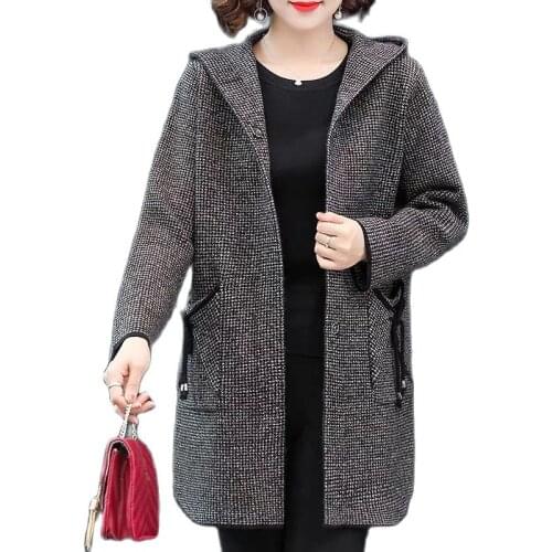 High-Quality Woolen Coat Tops Female Spring Autumn Women Hooded Loose Houndstooth Blended Woolen Knitted Jacket Outerwear XL 5XL