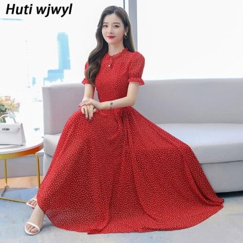 2021 Women Red Dot Print Casual Vacation Midi Dress Summer Beach 4XL Plus Size Chiffon Maxi Dress Elegant Bodycon Party Vestidos