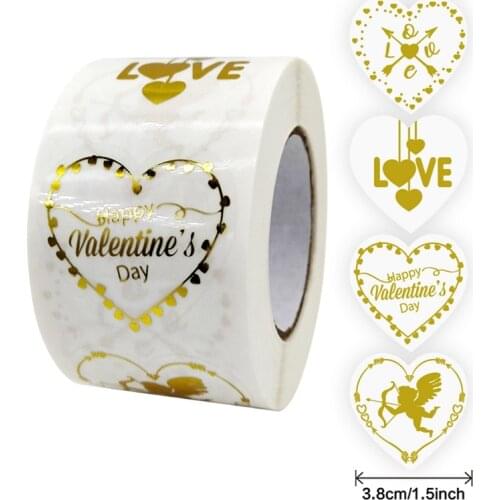 1 Roll Gold Heart Love Decorative Sticker Happy Valentines Day Sticker Label for Valentines Day Wedding Gift Packing Decal