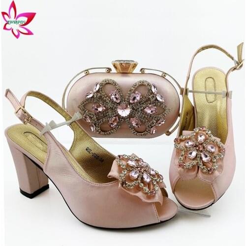 Pink 2020 Italian Shoes for Women Sandal Bag Set Evening Shining Crystal African Shoes with Matching Bag Shoes and Bag Set