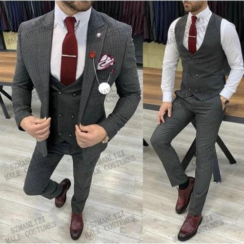 2021 Fashion Wedding Grey Pinstripe Men Suit Peaked Lapel Terno Masculino Slim Fit Groom Blazer Male Formal Business Mens Suits