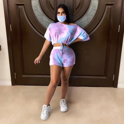 Tie Dye Print 3 Piece Set with Mask Short Sleeve Drawstring Tee Tops T Shirt+ Shorts Fitness Home Sporting Suit Matching Set