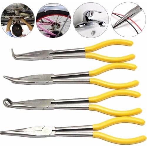 4Pcs 11 inch Extra Long Nose Pliers Straight Bent Mechanic Equipment Hand Tool Set