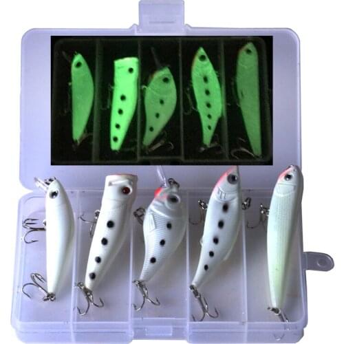 5pcs Plastic Luminous Minnow Set Night Fishing Lure Bass Crankbait Crank Bait Hooks Fish Crankbait Tackle