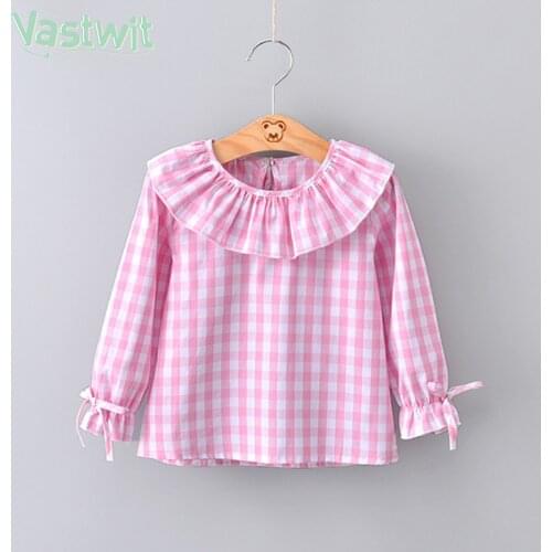 2021 Spring Baby Girls Long Sleeve Blouse Children Plaid Ruffles Collar Shirt Top Kids Flare Sleeve Pullover Girls Clothes