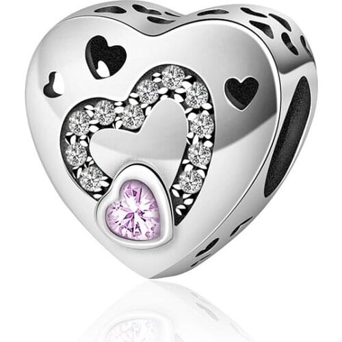 Love Heart-shape Beads Fit Diy Bracelet Necklace 100% 925 Sterling Silver Original Crystal Pink Heart Charm 6181-6200