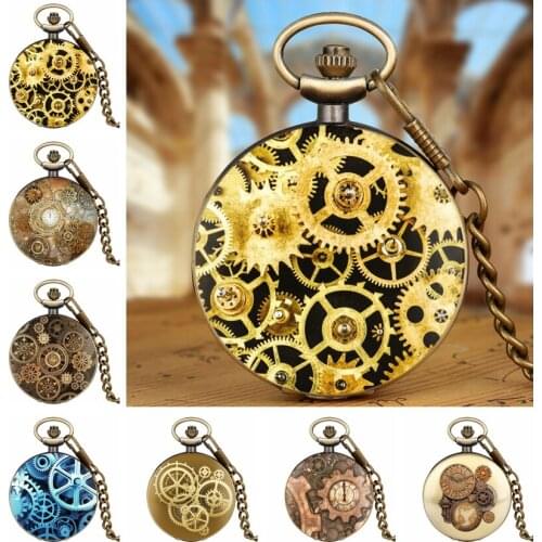 Antique Blue Steampunk Quartz Pocket Watch Vintage Gear Necklace Pendant Clock With 30cm Wrist Chain Mens Women Gifts Fob Watch