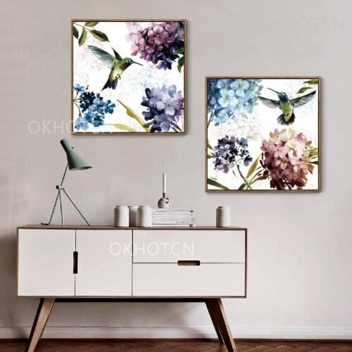 Colorful Hydrangea and Birds Poster Wall Art Painting Home Living Room Wall Decoration Print Picture Canvas